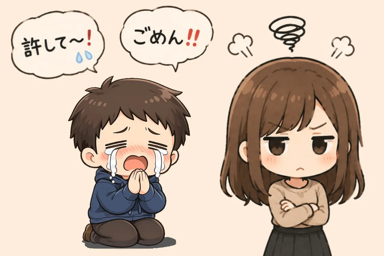 怒る女性と謝る男性