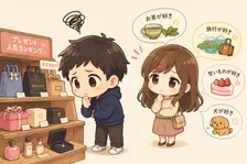 プレゼントを悩む男性と後ろで見ている女性